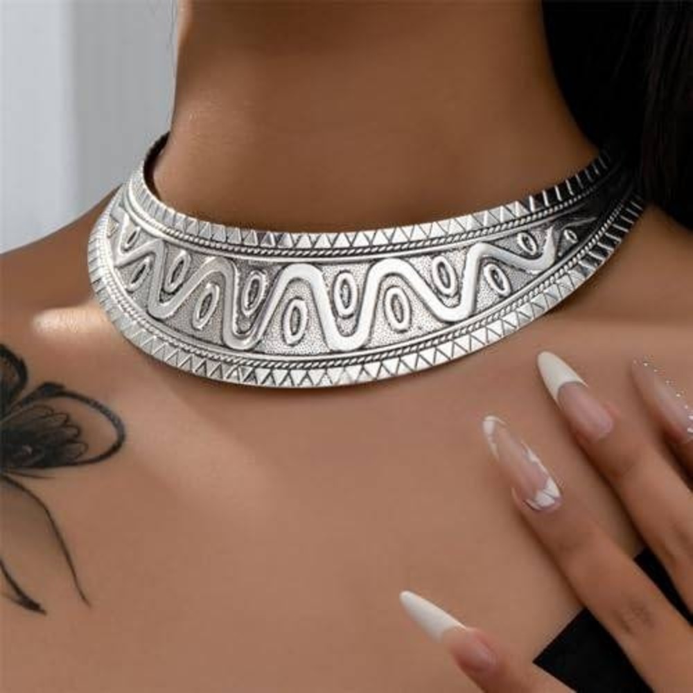 Boho Silver Tribal Choker Necklace Engraved Statement Ethnic‎ Collar Jewelry